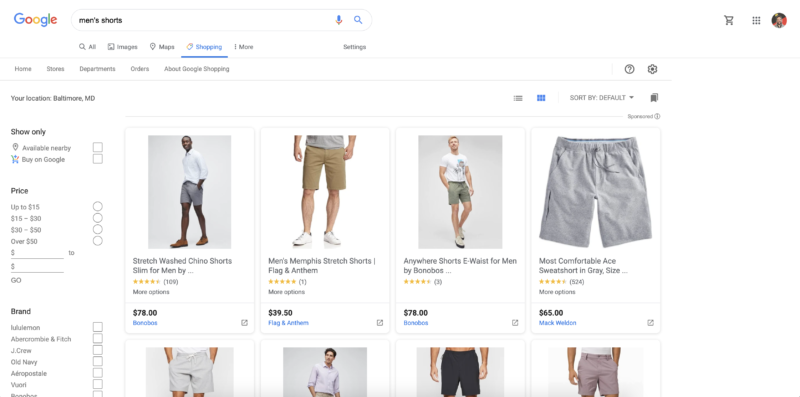 Google Shopping listing for men's shorts